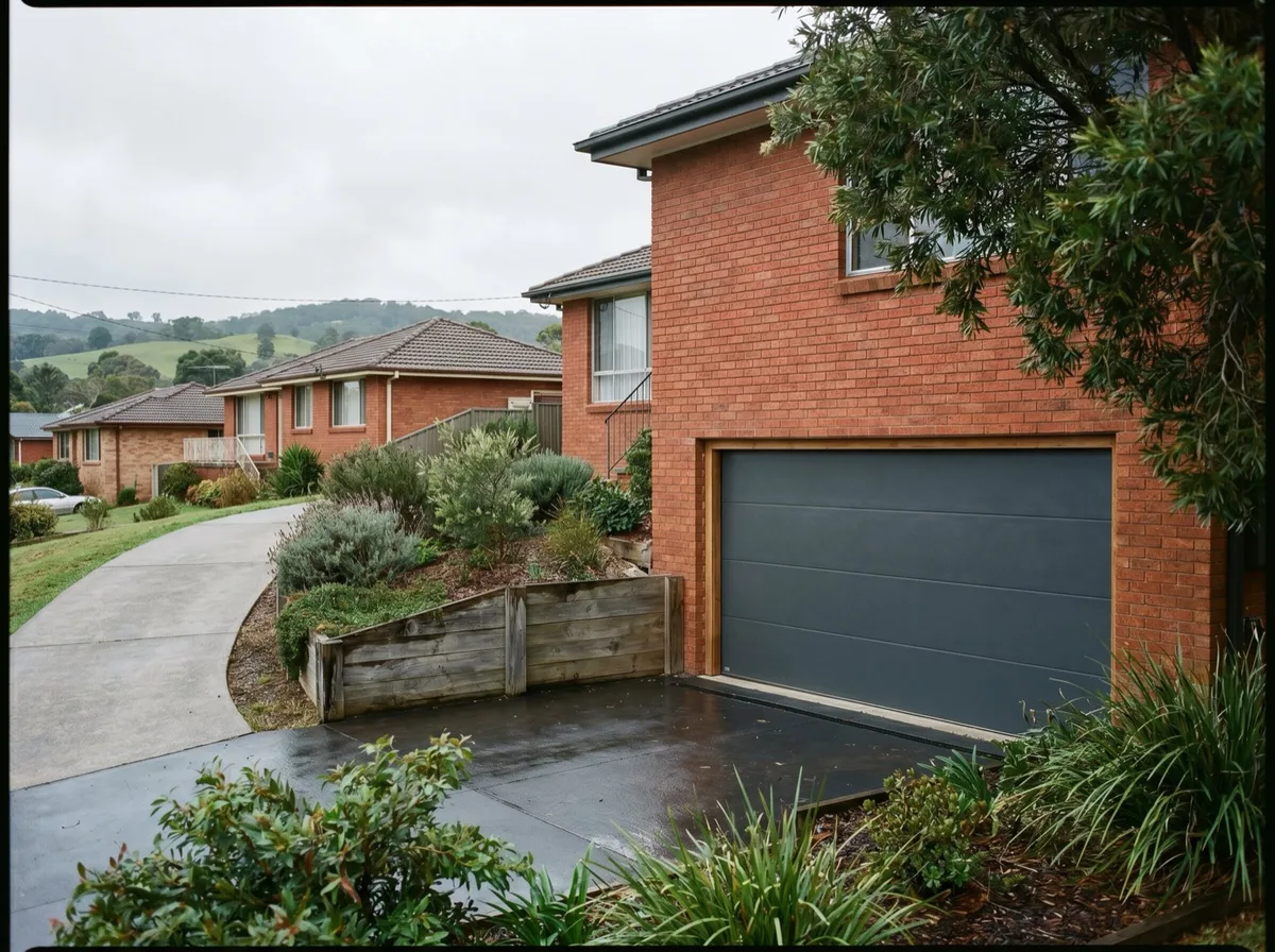A new dark grey sectional garage door on a renovated mid-century brick home