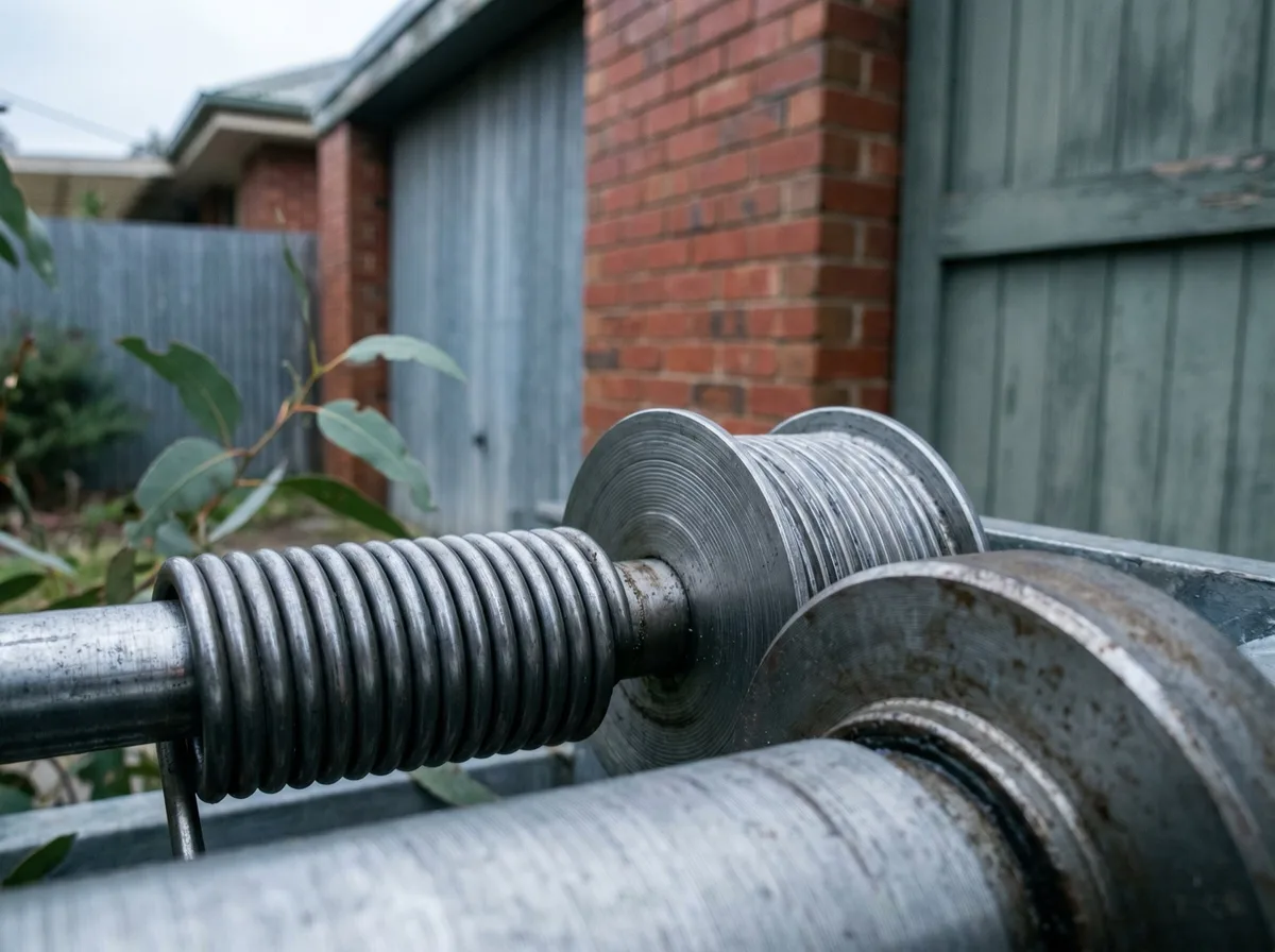 Close-up of a garage door torsion spring and cable drum