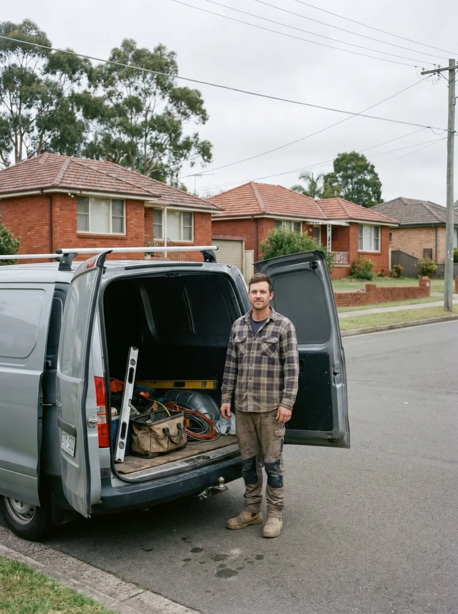 A garage door technician standing at the open rear door of a grey work van with a spirit level and tool bag