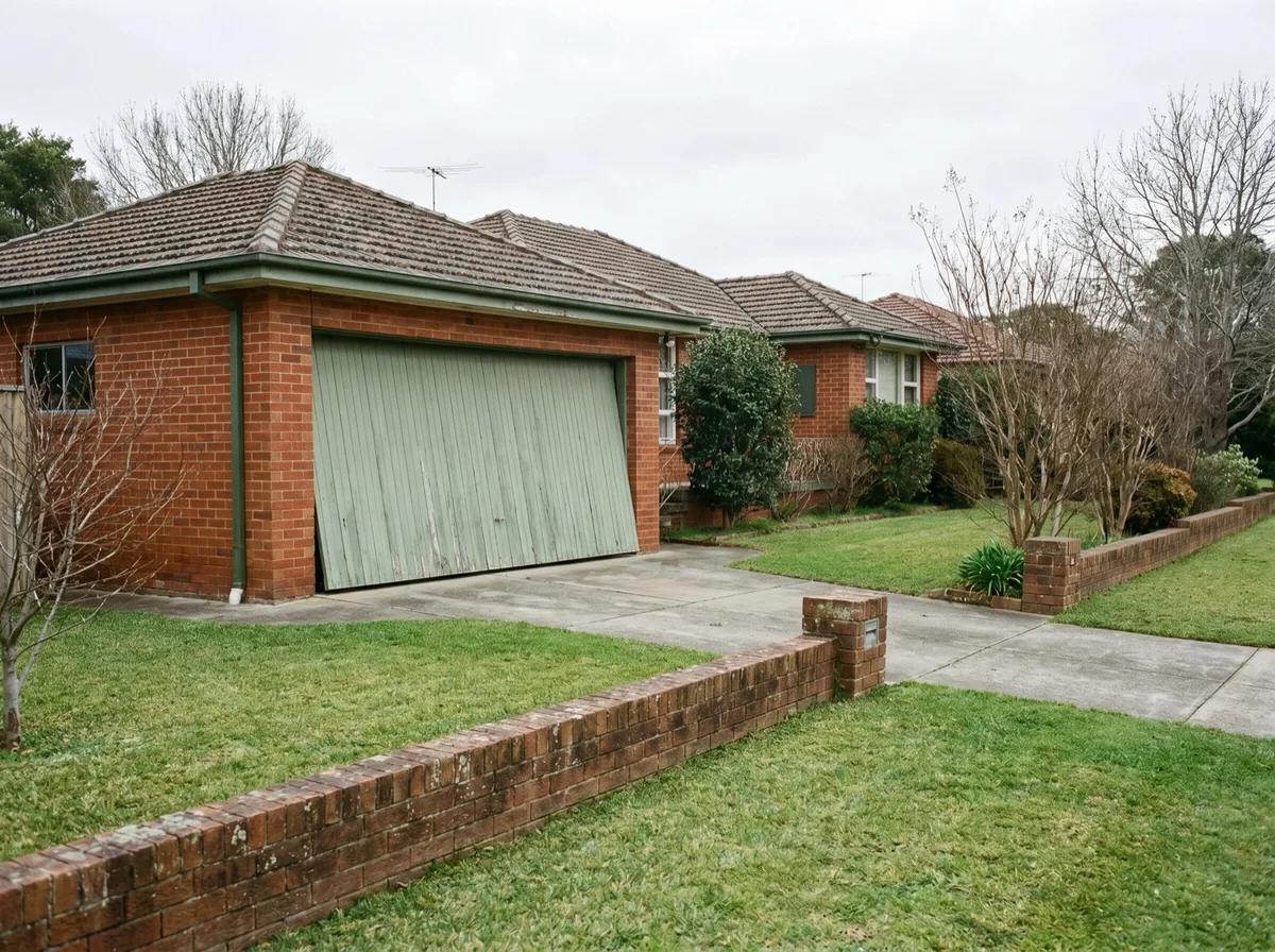 An original one-piece tilt garage door on a mid-century brick home